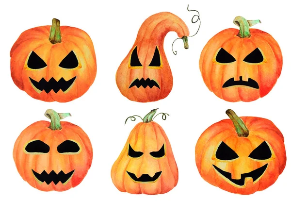 Sada Halloween Dýně Jack Izolovaný Objekt Bílém Pozadí Akvarel Ručně — Stock fotografie