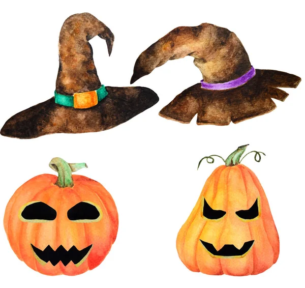 Set Halloween Pumpkin Jack Fancy Witch Hats Isolated Object White — Stock Photo, Image