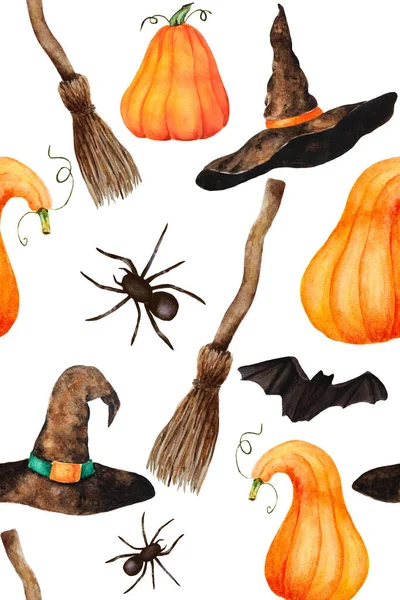 Seamless Halloween Hand Drawn Watercolor Pattern Pumpkin Spiders Bats Witch — Stock Photo, Image