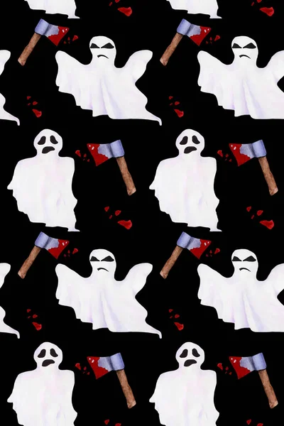 Patrón Acuarela Dibujado Mano Halloween Sin Costura Fantasmas Hachas Sangre —  Fotos de Stock