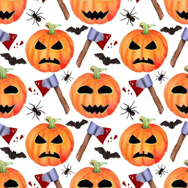 Seamless Halloween Hand Drawn Watercolor Pattern Horror Happy Pumpkins Face — Stock Photo, Image