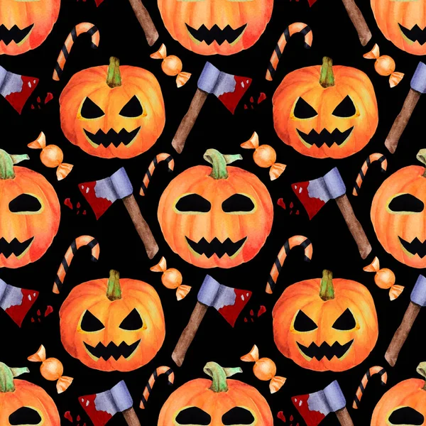 Abóbora Aquarela Padrão Sem Costura Halloween Feriado Símbolo Outubro Design — Fotografia de Stock