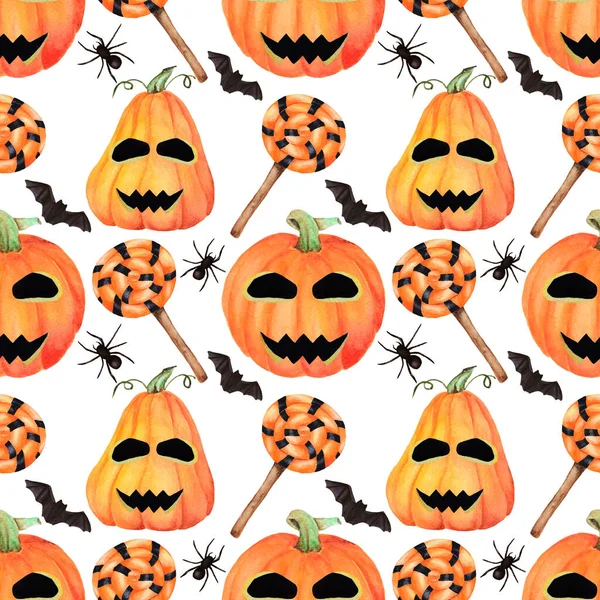 Seamless Halloween Hand Drawn Watercolor Pattern Happy Pumpkins Face Bats — Stock Photo, Image
