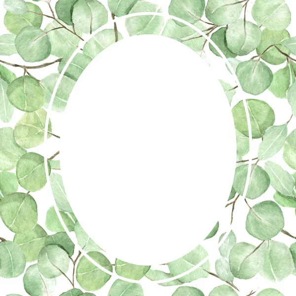 Oval watercolor eucalyptus frame on white background, hand drawn illustration for your design