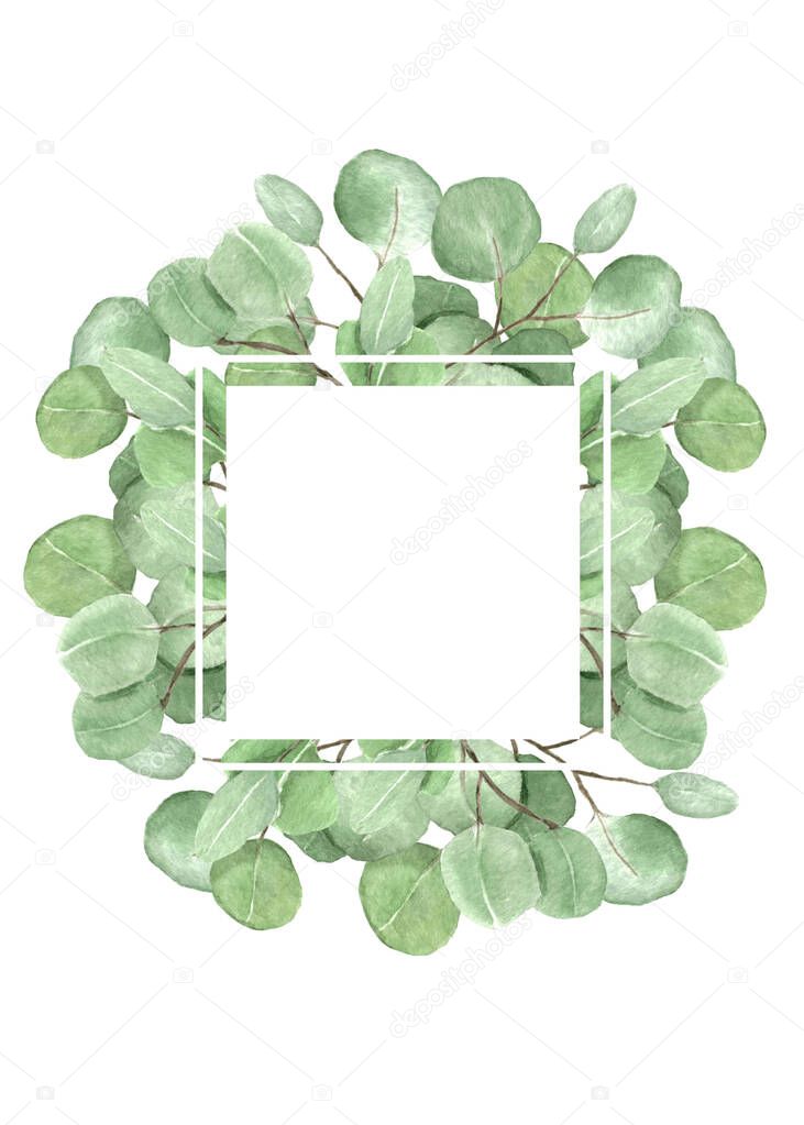Square watercolor eucalyptus frame, hand drawn illustration for your design