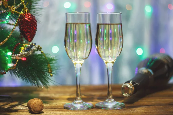Table Noël Gros Plan Deux Verres Champagne Mandarine — Photo