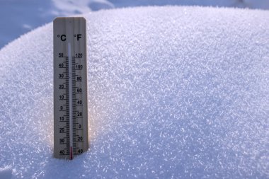 Beyaz kar arka plan üzerinde ahşap termometre