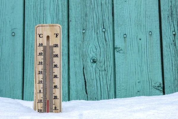 Wooden Thermometer Background Green Boards — Stock Photo, Image