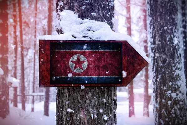 Drapelul Republicii Populare Democrate Coreene Atașat Copacului Semn — Fotografie, imagine de stoc