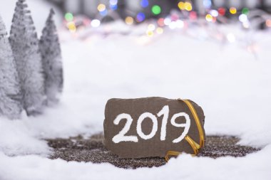 Kahverengi karton parlak ışıklar ve kar karla kaplı Noel ağaçları arka planda yanındaki 2019 yazıt ile parçası