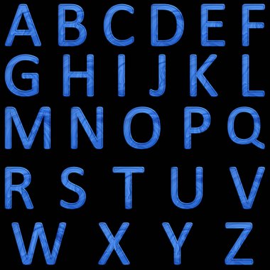 İngilizce alfabe siyah bir zemin üzerine mavi soyut mektupları