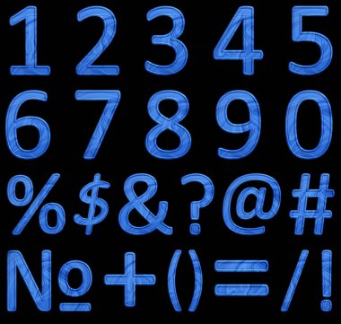 Mavi soyut aritmetik işaretleri ve sayılar siyah arka plan üzerine