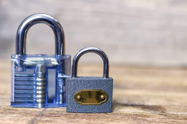 Plastic Iron Padlocks Wooden Table Stock Photo