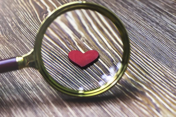 Jantung Merah Kecil Yang Diperbesar Oleh Kaca Pembesar — Foto Stok Gratis