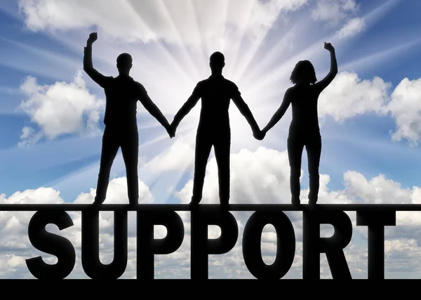 Silhouette Group People Three People Holding Hands Stand Word Support — Stock Photo, Image