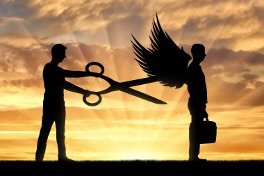 A man with big scissors in his hands intends to cut off the wings of the man in front of him. The concept of betrayal in business clipart