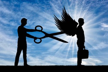 A man with big scissors in his hands intends to cut off the wings of the man in front of him. The concept of betrayal and envy in relation to successful people clipart