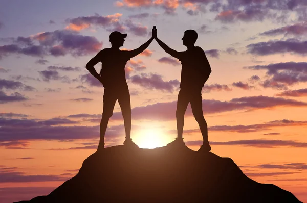 Two Happy Climbers Top Mountain Conceptual Image Success — Stock Photo, Image