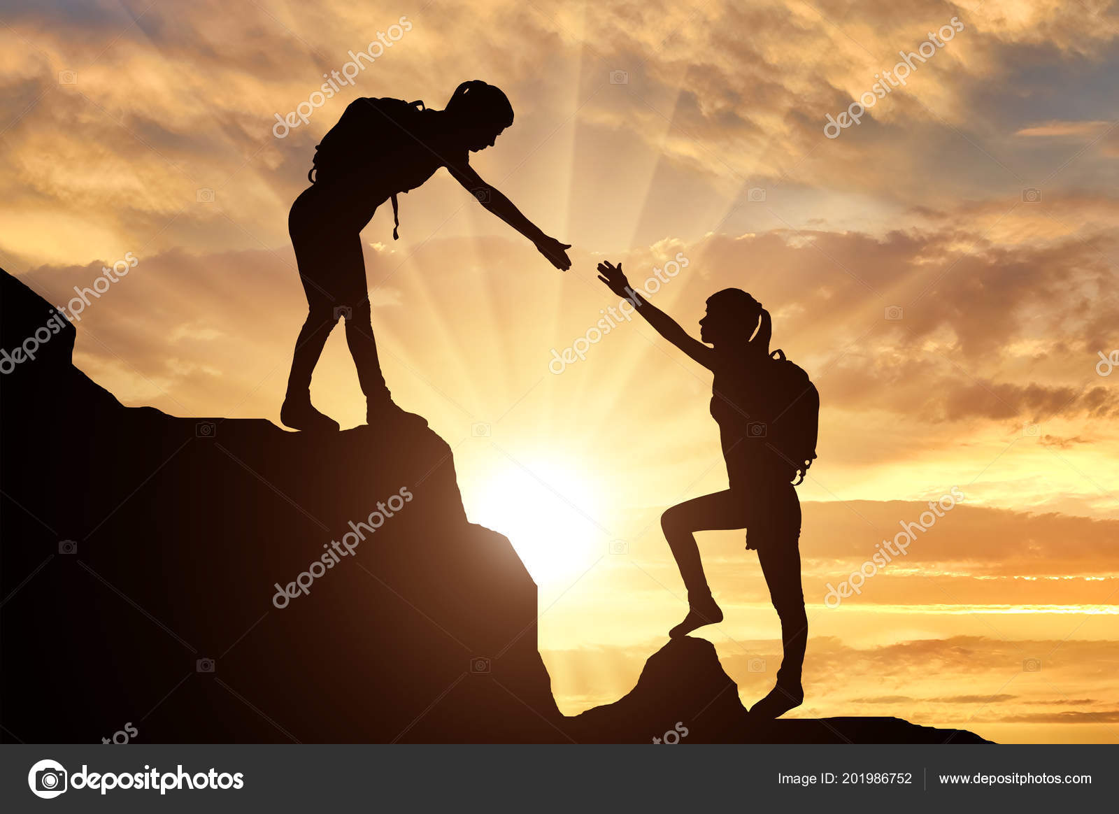 Silhouettes Two Women Climber Climb Mountain Helping Each Other Concept