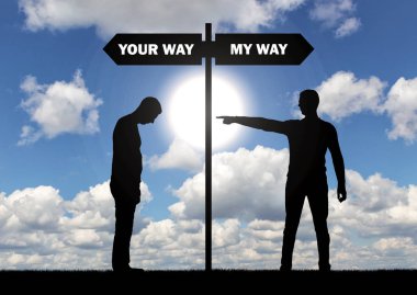 Bencil bir adam silüeti üzgün başka bir adam sürücüler. Bencillik kavramsal sahne