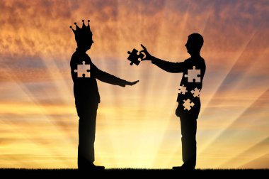 Man is an altruist who sacrifices himself and the man is an egoist with a crown on his head that takes. Conceptual scene of social problems clipart