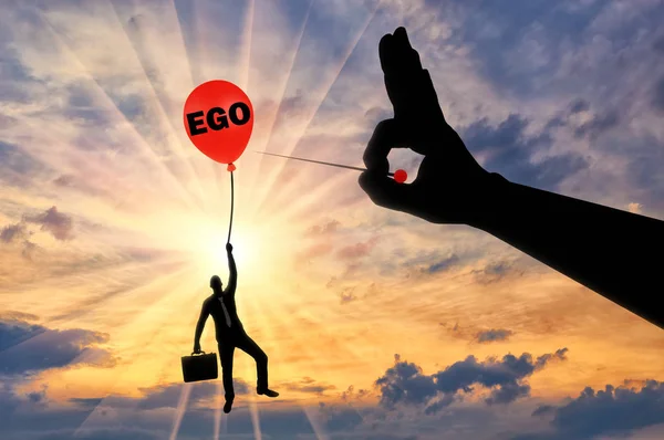 Selfish Businessman Clings Balloon Called Ego Big Hand Needle Intends — Stock Photo, Image