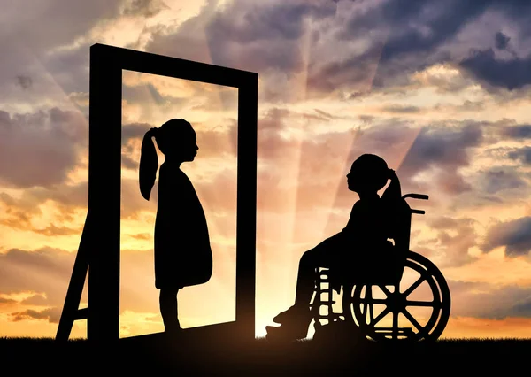 Σιλουέτα Ενός Κοριτσιού Ανάπηρο Παιδί Κάθεται Μια Αναπηρική Καρέκλα Που — Φωτογραφία Αρχείου