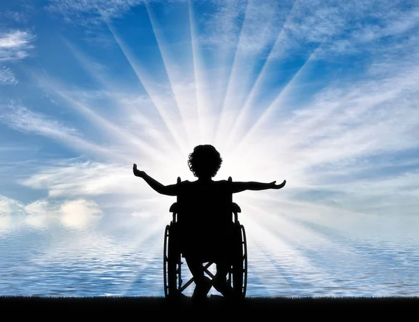 Silhueta Uma Criança Deficiente Feliz Sentada Uma Cadeira Rodas Beira — Fotografia de Stock