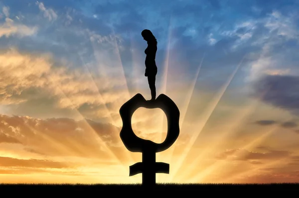 たるんだとしわになった女性のシンボルの上に立って悲しい女性のシルエット 女性の更年期障害の概念図 — ストック写真