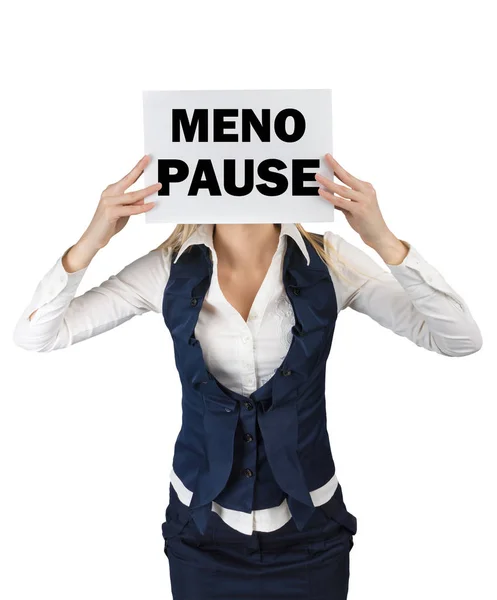 Woman Suit Standing Holding Piece Paper Word Menopause Level Face — Stock Photo, Image