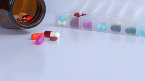 Close Brown Drug Bottle Colorful Capsules Antibiotic Isolated White Background — Stock Photo, Image