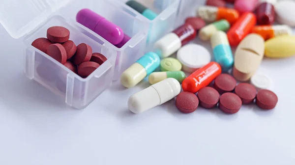 Pill Box Daily Take Medicine Colorful Pills Tablets Capsules Drugs — Stock Photo, Image