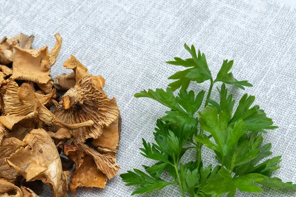 Vegetarian set. dry mushrooms and greens, copy space — Stock Image Vegetarian Set Dry Mushrooms Greens Copy Space Stock Photo