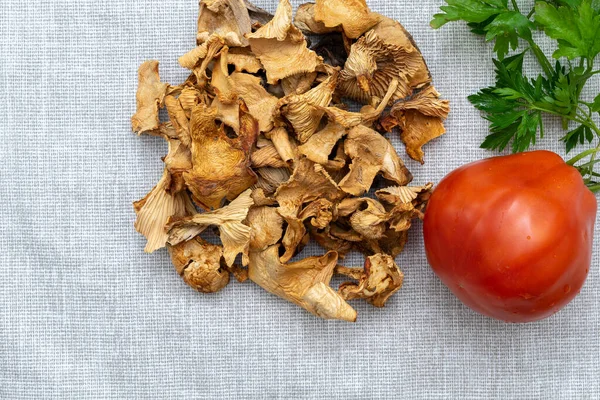 Vegetarian set. tomato, mushrooms and parsley on a stylish cloth — Stock Image Vegetarian Set Tomato Mushrooms Parsley Stylish Cloth Royalty Free Stock Photos