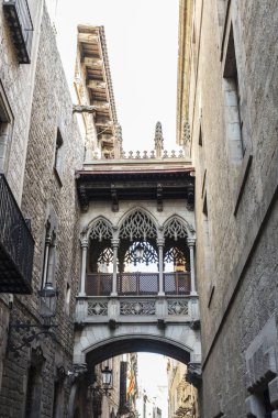 Pont del Bisbe (fil Köprüsü), Barcelona, Catalonia, İspanya Barri Gotic (Gothic Quarter) Palau de la Generalitat Casa dels Canonges bağlanır Neo-Gotik Köprüsü