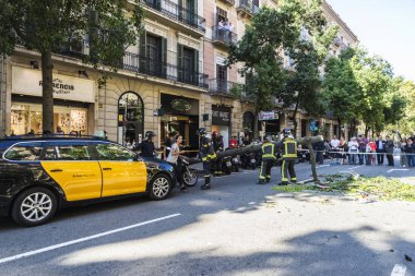 Barcelona, İspanya - 20 Eylül 2017: dört bir yanındaki insanlarla Barcelona, Catalonia, İspanya Caddesi'nin ortasında düşmüş bir ağaç çekerek itfaiyeciler