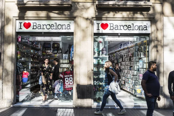 Barcelona Spanje September 2017 Souvenirwinkel Met Mensen Rondlopen Les Dwaalt — Stockfoto