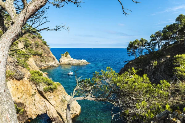Yacht Next Cliff Cave Crystal Clear Waters Mediterranean Sea Palamos — Stock Photo, Image