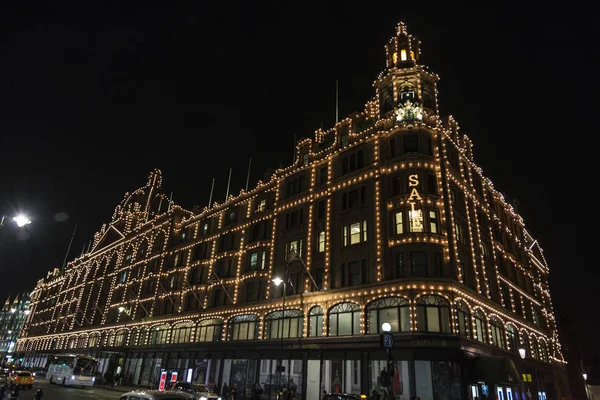 Londýn Velká Británie Ledna 2018 Harrods Obchody Noci Vánoční Výzdobou — Stock fotografie