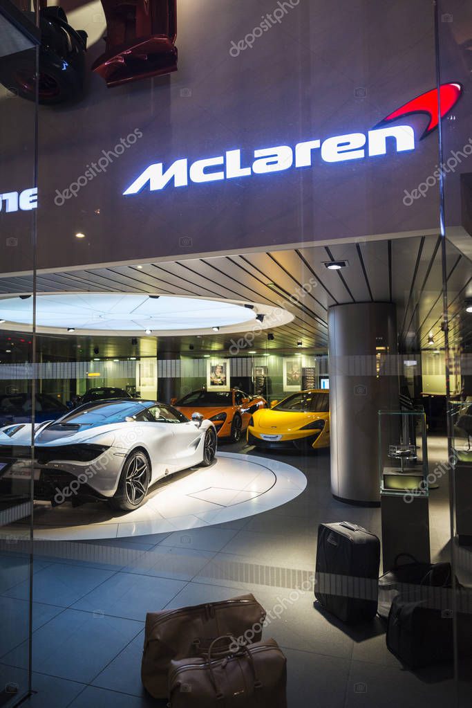 London, United Kingdom - January 3, 2018: McLaren store, specializing in luxurious and fast sports cars, located in a modern building in London, England, United Kingdom