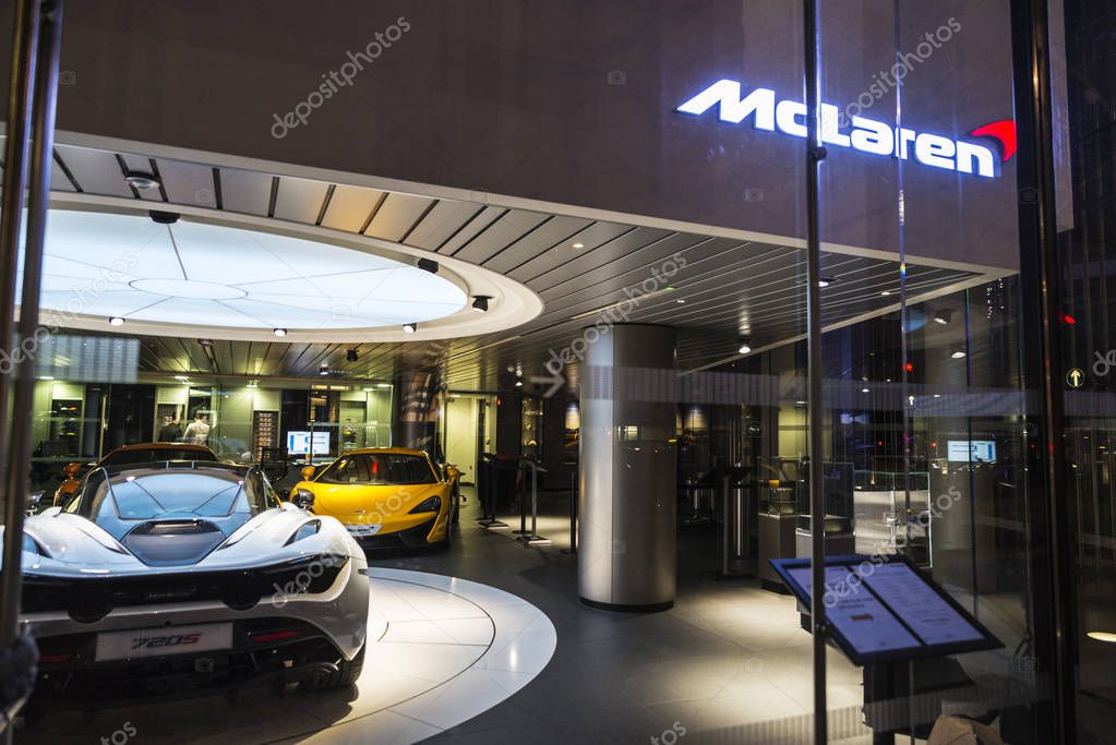 London, United Kingdom - January 3, 2018: McLaren store, specializing in luxurious and fast sports cars, located in a modern building in London, England, United Kingdom