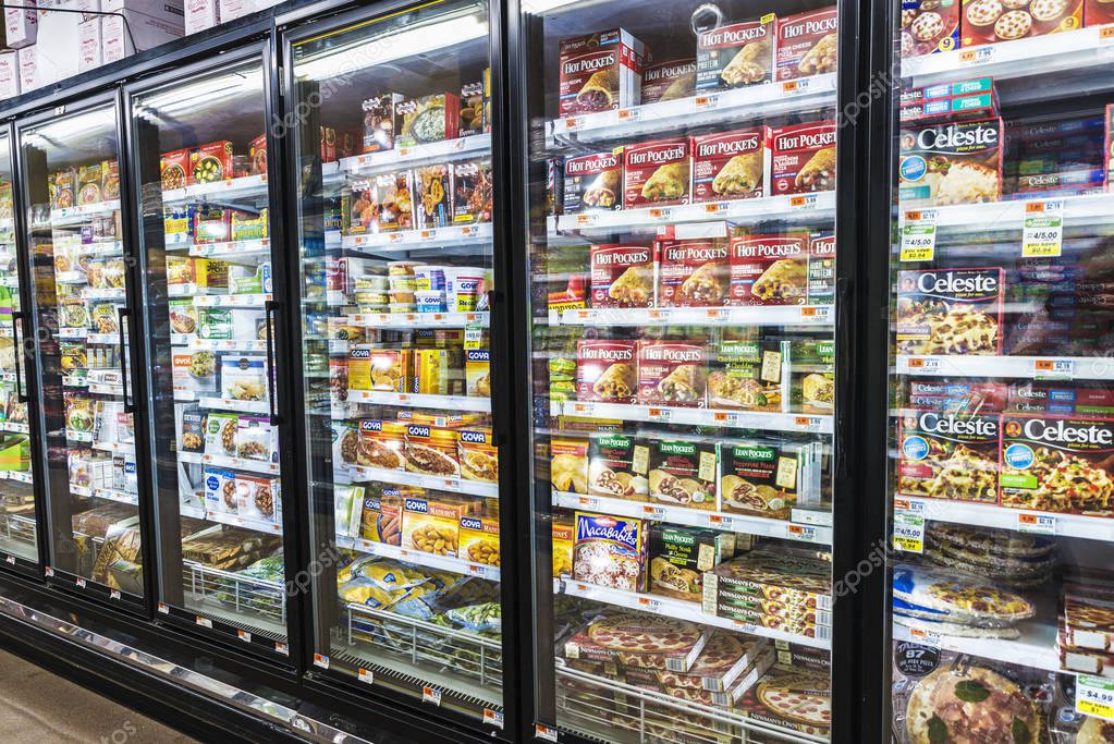 New York City, USA - July 25, 2018: Frozen food in a supermarket of Harlem in Manhattan in New York City, USA