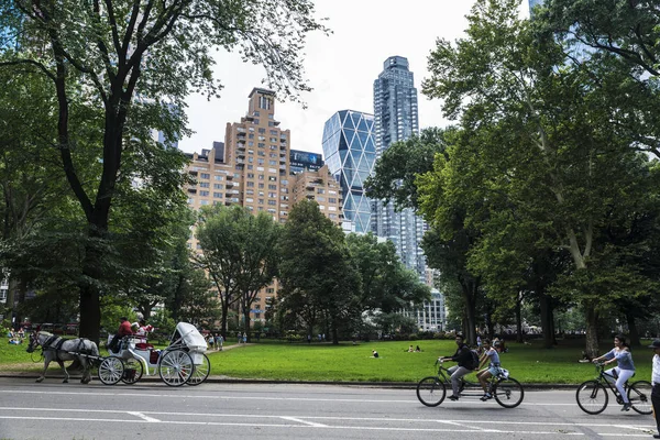 Ciclistas y carruajes de caballos en Central Park, Nueva York, Estados Unidos —  Fotos de Stock