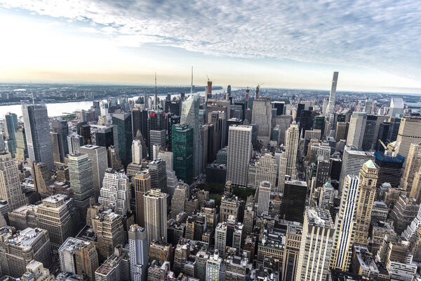 New York City, USA - July 31, 2018: Elevated view of the skyline of modern skyscrapers of Manhattan in New York City, USA