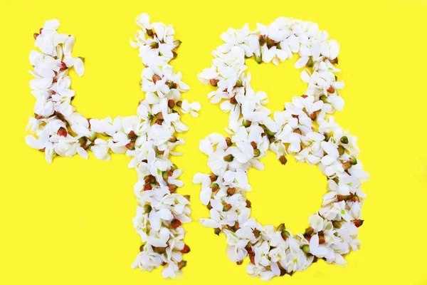 Numer Jest Napisany Białymi Kwiatami Akacji Żółtym Tle Numer Czterdzieści — Zdjęcie stockowe