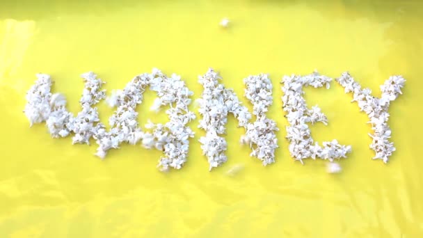 De inscriptie Honing is geschreven in witte bloemen van lila op een gele achtergrond. Het woord Honing is geschreven met lila bloemen. Bloemeninscriptie Honey. Bruiloft — Stockvideo