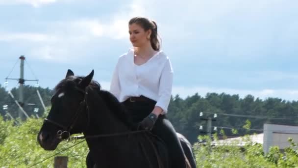 Девушка в белой рубашке и черных штанах едет на лошади — стоковое видео