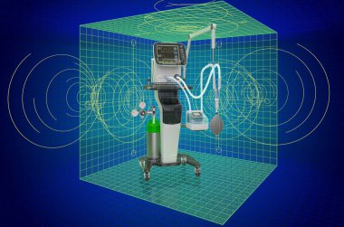 Yoğun bakımdaki tıbbi solunum cihazının görselleştirme 3 boyutlu küçük modeli. 3B görüntüleme