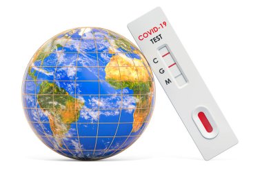Dünya Küresi ile antikor testi COVID-19. Genel Coronavirus test konsepti, beyaz arkaplanda 3D görüntüleme