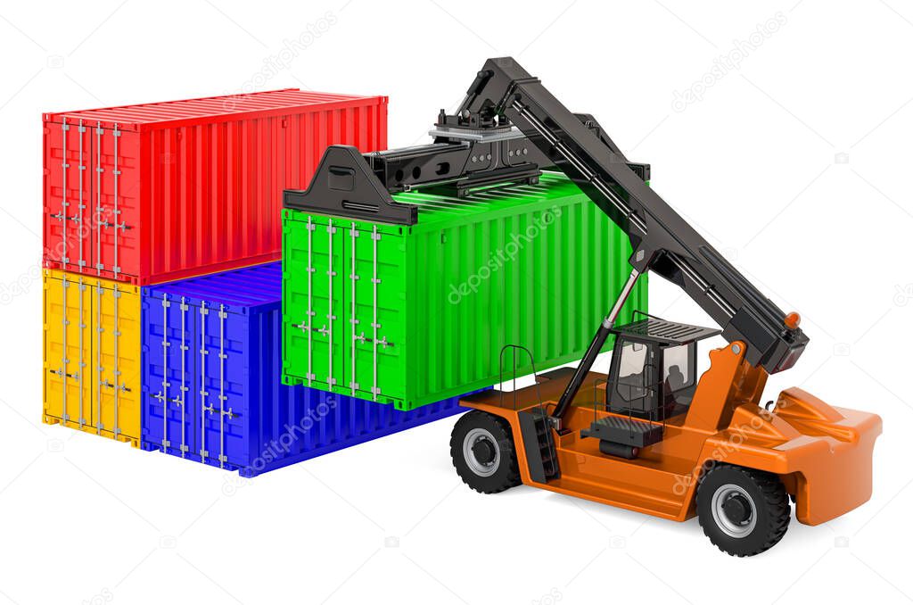 Reach stacker and cargo containers, 3D rendering isolated on white background